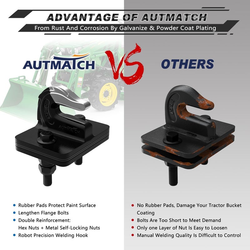 AUTMATCH خطاف جر دلو الجرار 3/8" (عبوة 2) - خطاف جر مثبت بالبراغي مع لوحة دعم ووسادات مطاطية، فولاذ مطروق من الدرجة 70 بحد أقصى 18,000 رطل للعمل مع دلو الجرار، لون أسود غير لامع - Image 5